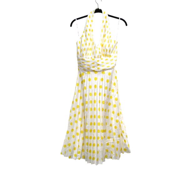 Betsey Johnson Y2K Yellow Polka Dots Pleated Halter Backless Dress Size 10 NEW - Picture 2 of 7